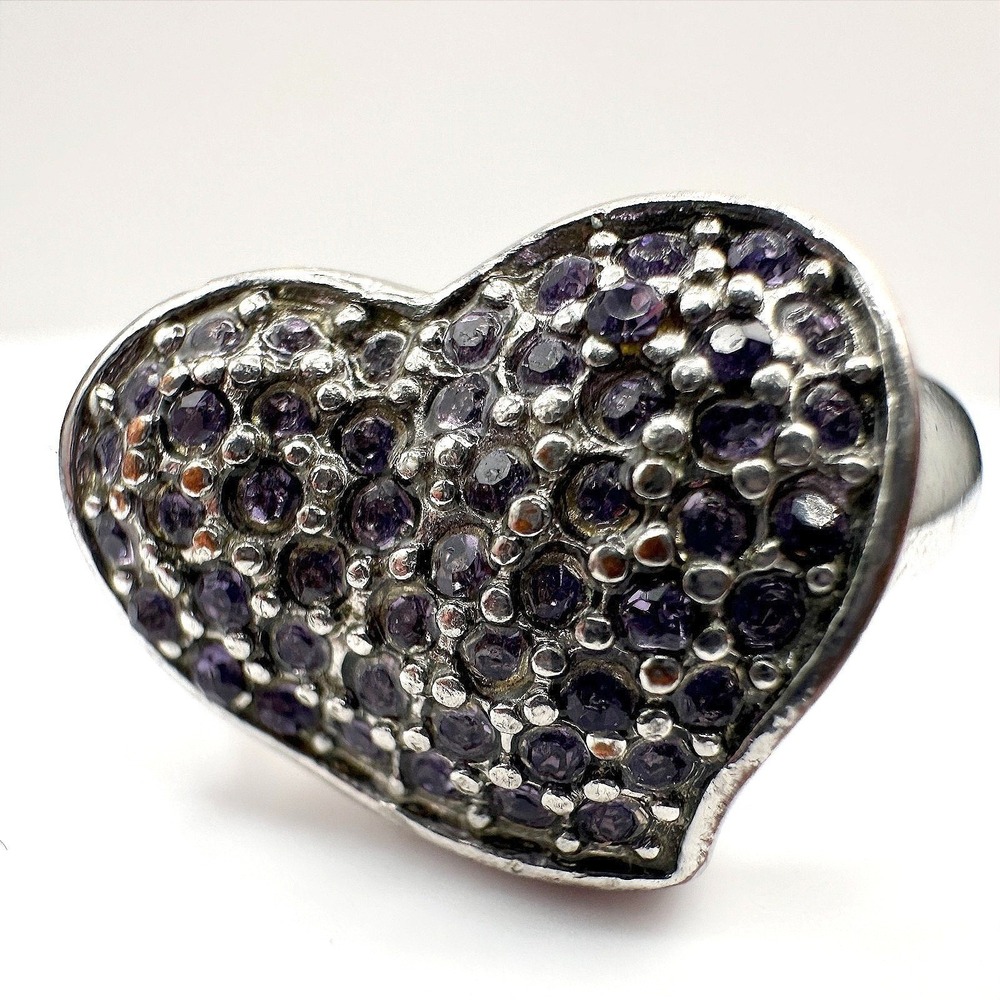 Vintage Purple Rhinestone Heart Ring Silver Tone Statement Fashion Jewelry 90s